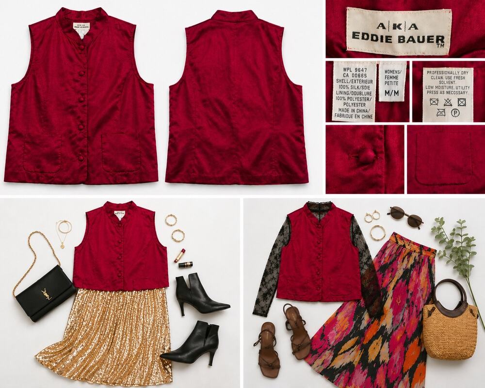 Vintage AKA Eddie Bauer Silk Mandarin Vest Red Petite Medium PM